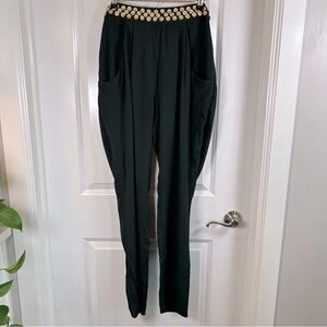 Hoss Intropia Dark Green Harem Pants Baggy Women Size‎ 42/10 Gold Flower